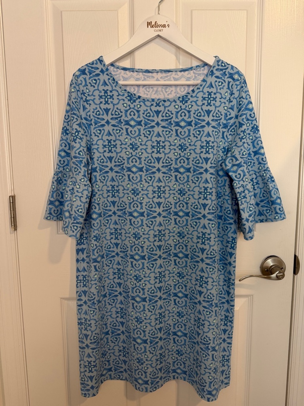 Southern Tide Whitnee Performance Dress blue on blue geometric